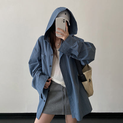 【アウター】ブルー系チェック フード付き ドローストリング オーバーサイズ 体型カバー シャツカーディガン【FCシリーズ】