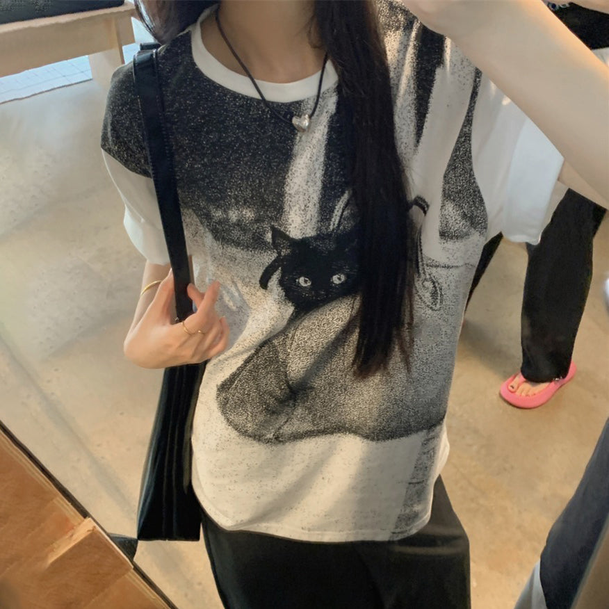【トップス】Tシャツ レディース キャットプリント 猫柄 クルーネック 半袖 コットン100% オーバーサイズ カジュアル【JZシリーズ】