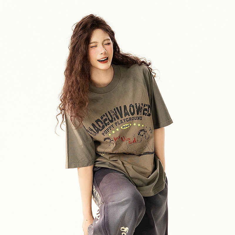 【トップス】ヴィンテージウォッシュ 犬プリント Tシャツ レディース 夏 半袖 クルーネック オーバーサイズ ゆったり カジュアル【FCシリーズ】