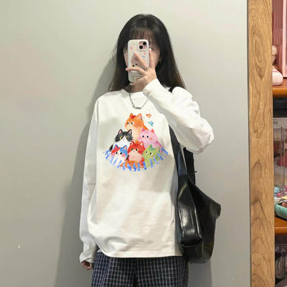 【トップス】猫柄 アメリカンレトロ 長袖Tシャツ レディース 春トレンド ゆるシルエット 高見え 人気急上昇 ストリートトップス【FCシリーズ】