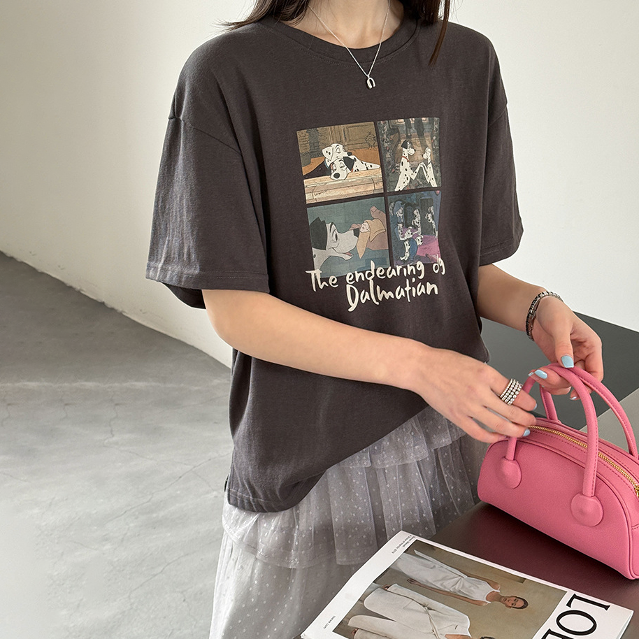 【トップス】犬プリントTシャツ レディース 夏新作 半袖 ゆったり カジュアル カップルコーデ【JZシリーズ】