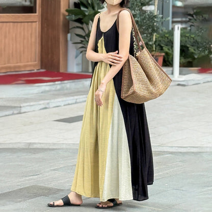 【ワンピース】リゾート風 編み込みストラップ付き 配色細見え ゆったりノースリーブワンピース【SHシリーズ】