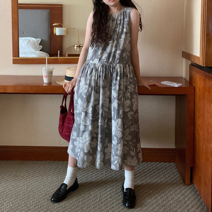 【ワンピース】夏 フロッキープリント プリント 	ヴィンテージ風 花柄 ノースリーブ ワンピース 【SHシリーズ】