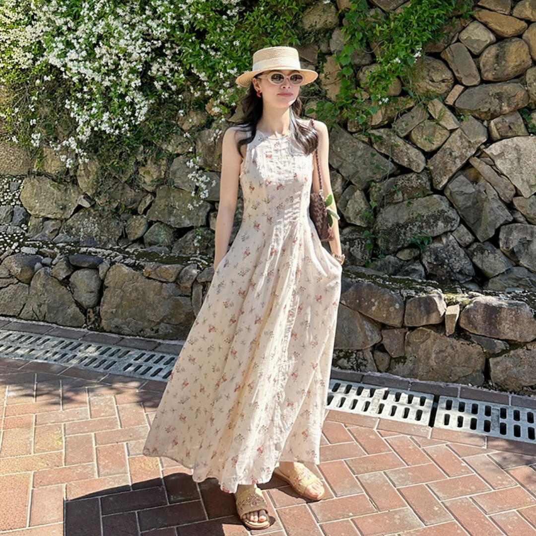 【ワンピース】小花柄  ウエストマーク ノースリーブ ロングワンピース 【SHシリーズ】