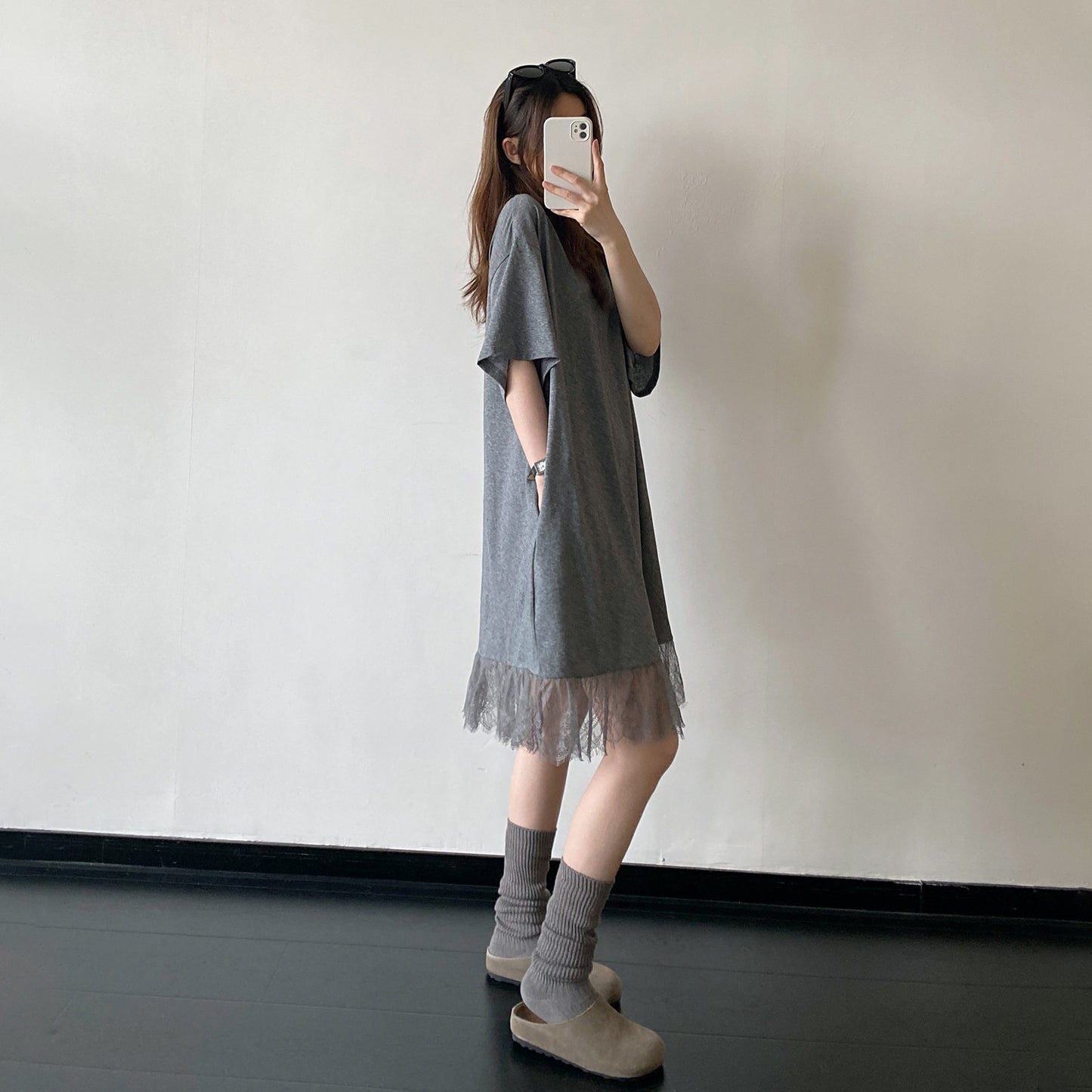 【ワンピース】レース切替Tシャツワンピース レディース 半袖 ゆったり ドロップショルダー リラックス ロング丈 夏【FCシリーズ】