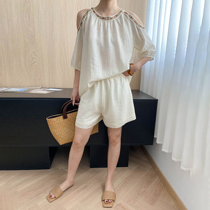 2点セット！【セットアップ】編み込みビーズ オフショルダーブラウス＋ワイドレッグショートパンツ 上下セット【JZシリーズ】