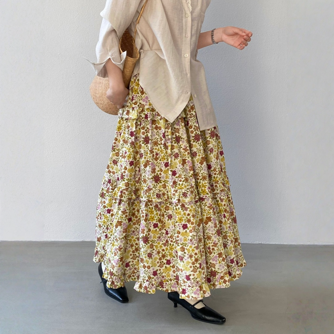 【ボトムス】小花柄 ハイウエスト Aライン スカート 【JZシリーズ】