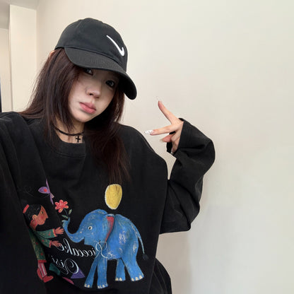 【トップス】ヴィンテージ風グラフィックロンT レディース 落書きプリント 長袖Tシャツ ゆったり ストリート【FCシリーズ】