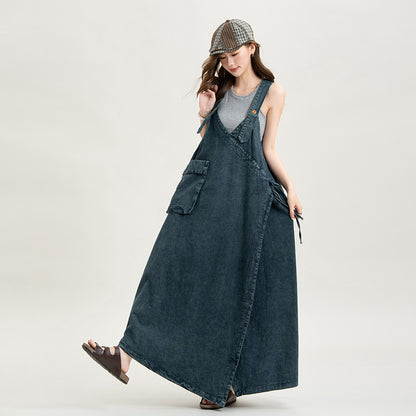 【ワンピース】デニムキャミワンピース Vネック リボンデザイン ノースリーブワンピース ブルー ヴィンテージ風 ルーズフィット カジュアル 夏新作【JZシリーズ】