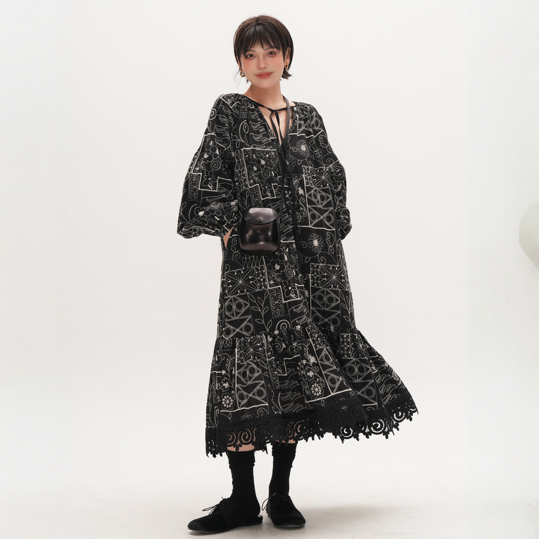【ワンピース】春 秋 総刺繍 レトロ エスニック風 ジャカード 長袖 ワンピース【JZシリーズ】