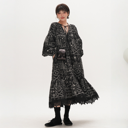 【ワンピース】春 秋 総刺繍 レトロ エスニック風 ジャカード 長袖 ワンピース【JZシリーズ】