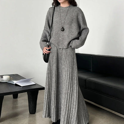 【セットアップ】春 秋 冬 クルーネック セーター + ハイウエスト  細見え プリーツスカート 2点セット 【JZシリーズ】