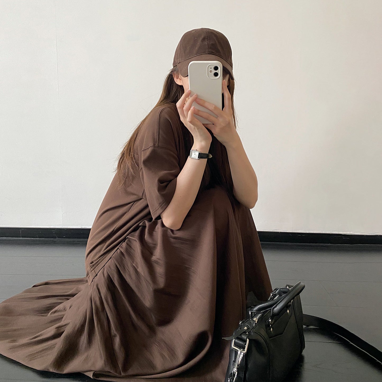 【ワンピース】夏新作 レイヤード風 ワンピース リヨセル素材 ハイウエスト 体型カバー ゆったり 半袖 ロングドレス【FCシリーズ】