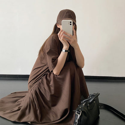 【ワンピース】夏新作 レイヤード風 ワンピース リヨセル素材 ハイウエスト 体型カバー ゆったり 半袖 ロングドレス【FCシリーズ】