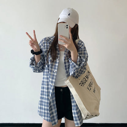 【トップス】レトロ チェックシャツ レディース 春夏 長袖 ルーズ シアー感 カジュアル トップス ゆったり 通勤 大人可愛い 人気【FCシリーズ】