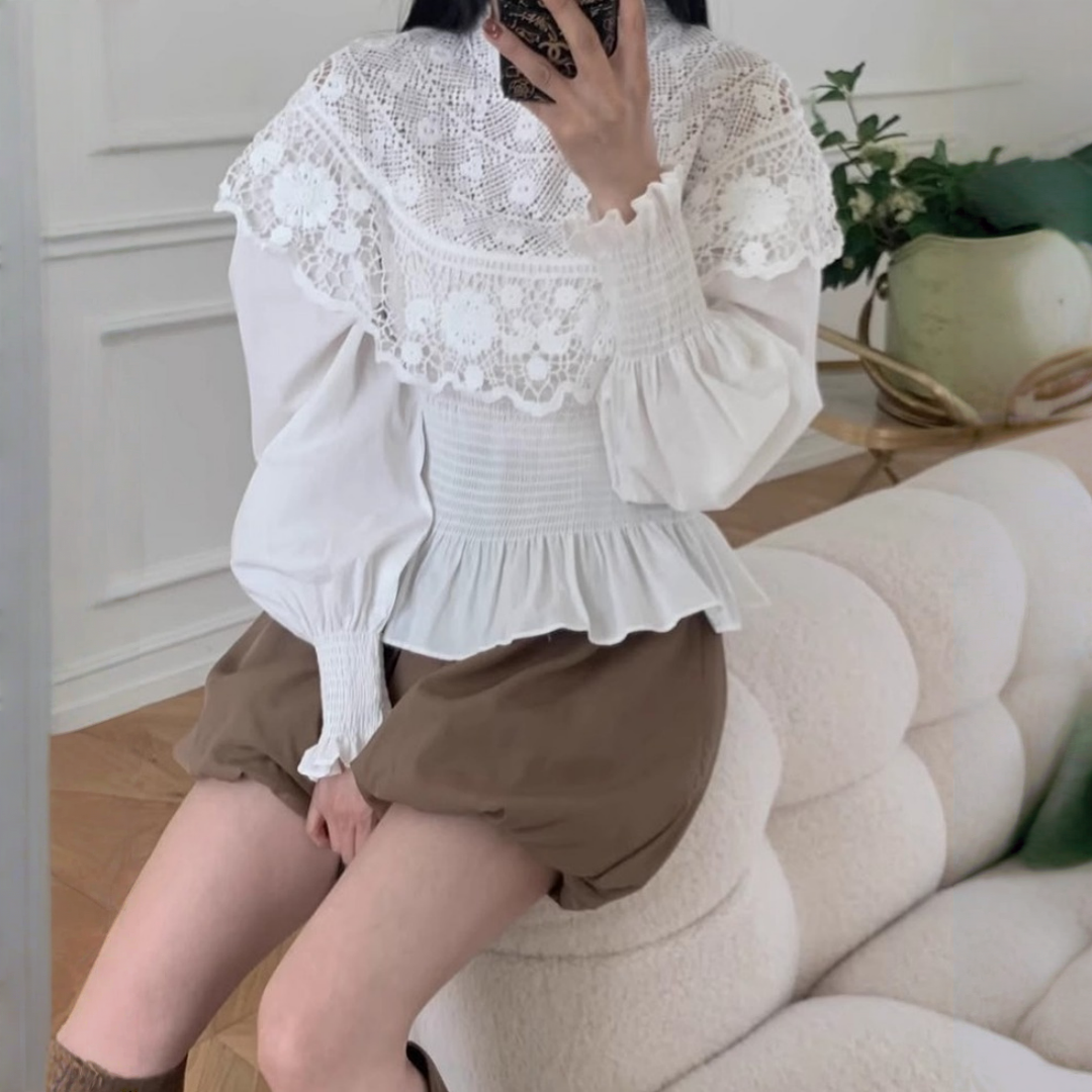 【トップス】春 秋 冬 フレンチ宮廷風 レース 刺繍 ギャザー シャツ 【JZシリーズ】