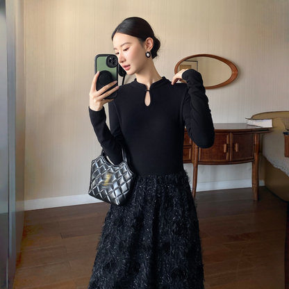 【ワンピース】春 秋 冬 花柄刺繍 細見え インナー 長袖 ワンピース  【JZシリーズ】