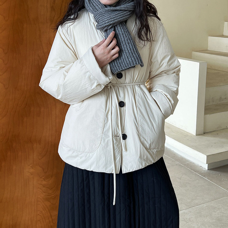 【アウター】ホワイトダックダウン レディース 冬 保温 軽量 ウエストリボン ダウンジャケット ダウンコート【JZシリーズ】