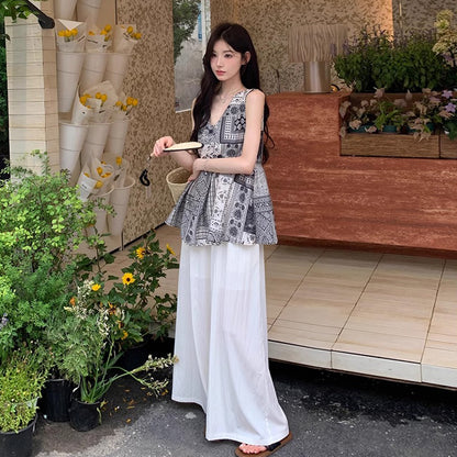 2点セット!【セットアップ】ボヘミアン柄セットアップ レディース 夏 ノースリーブシフォン＋ワイドパンツ 上下セット【SHシリーズ】