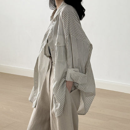 【トップス】カジュアル ヴィンテージ 夏 ゆったり 日焼け防止 ラフなストライプ 長袖シャツ【JZシリーズ】