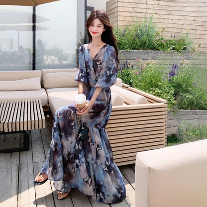 【ワンピース】リゾート風 ロマンティック 蝶々プリント Vネック 半袖ワンピース 高見え バルーンスリーブ サマードレス【SHシリーズ】