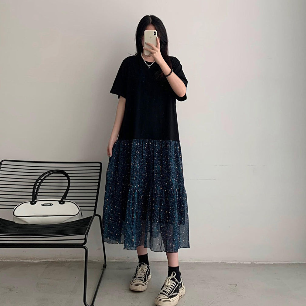 【ワンピース】大きいサイズ レディース 花柄フェイクレイヤードワンピース 夏 切替デザイン Aライン 半袖 ロングワンピース 体型カバー 着痩せ【JZシリーズ】