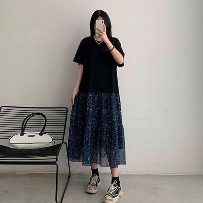 【ワンピース】大きいサイズ レディース 花柄フェイクレイヤードワンピース 夏 切替デザイン Aライン 半袖 ロングワンピース 体型カバー 着痩せ【JZシリーズ】