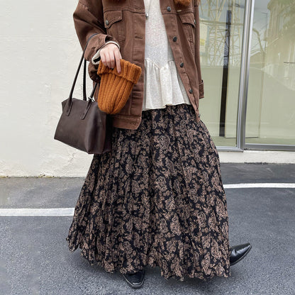 【ボトムス】レトロ風 ハイウエスト スリム見え フレアロングスカート 花柄プリーツ デザイン性スカート【SHシリーズ】