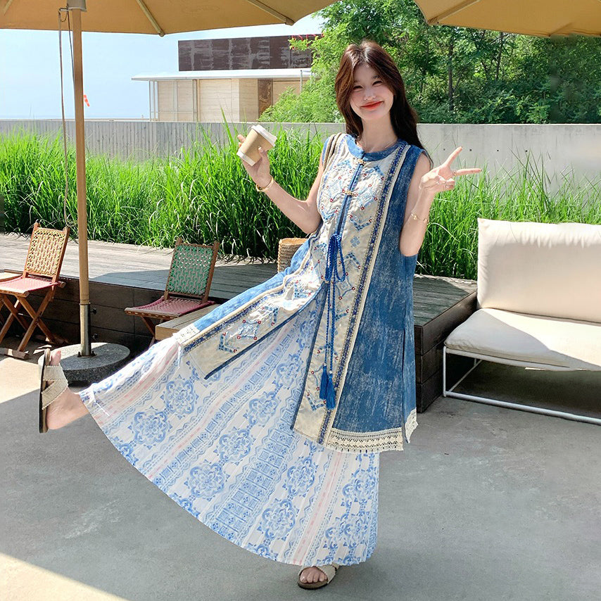 2点セット！【セットアップ】夏 ボヘミアン民族風プリント ベストワンピース＋スカート 2点セット【SHシリーズ】