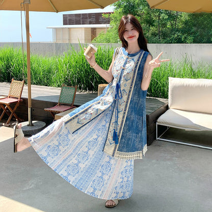 2点セット！【セットアップ】夏 ボヘミアン民族風プリント ベストワンピース＋スカート 2点セット【SHシリーズ】