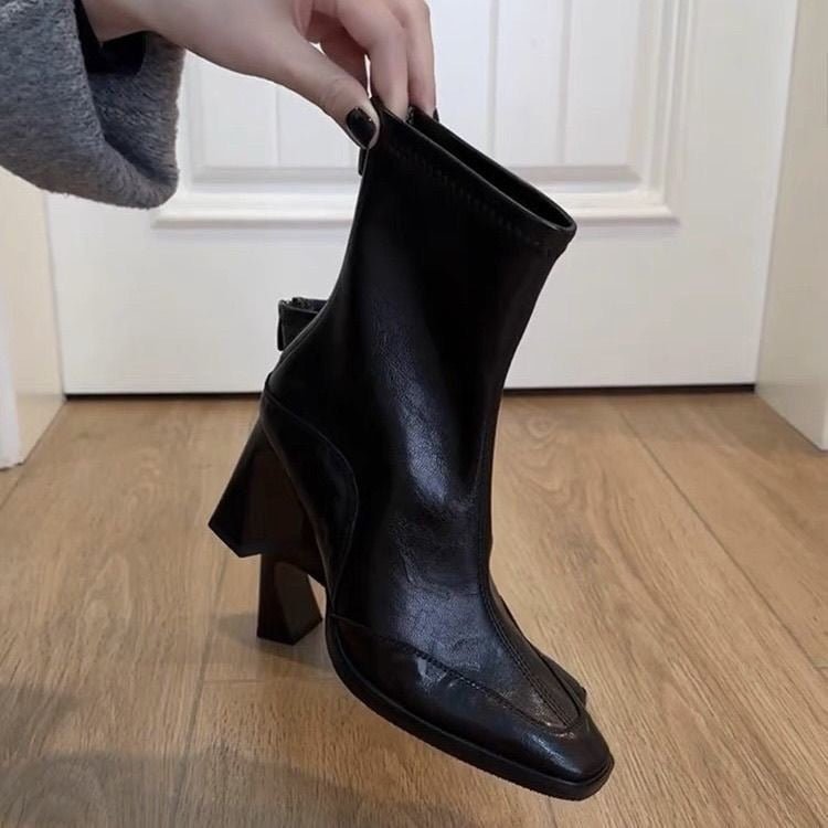 【シューズ】レディース ハイヒール ショートブーツ フレンチヴィンテージ スクエアトゥ太ヒール マーチン風ブーツ