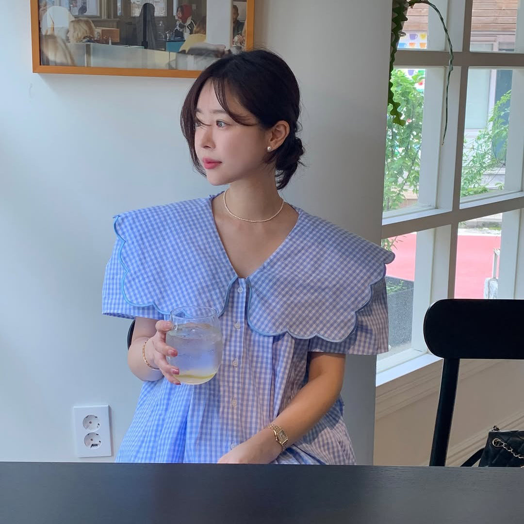 【トップス】韓国風 刺繍ビッグカラーチェックブラウス レディース 大人可愛い 襟付き ゆったり シルエット カジュアル【JZシリーズ】