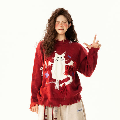 【トップス】レトロ 猫柄ジャカード クルーネック ニット レディース フリンジデザイン ゆったり 着回し セーター【FCシリーズ】