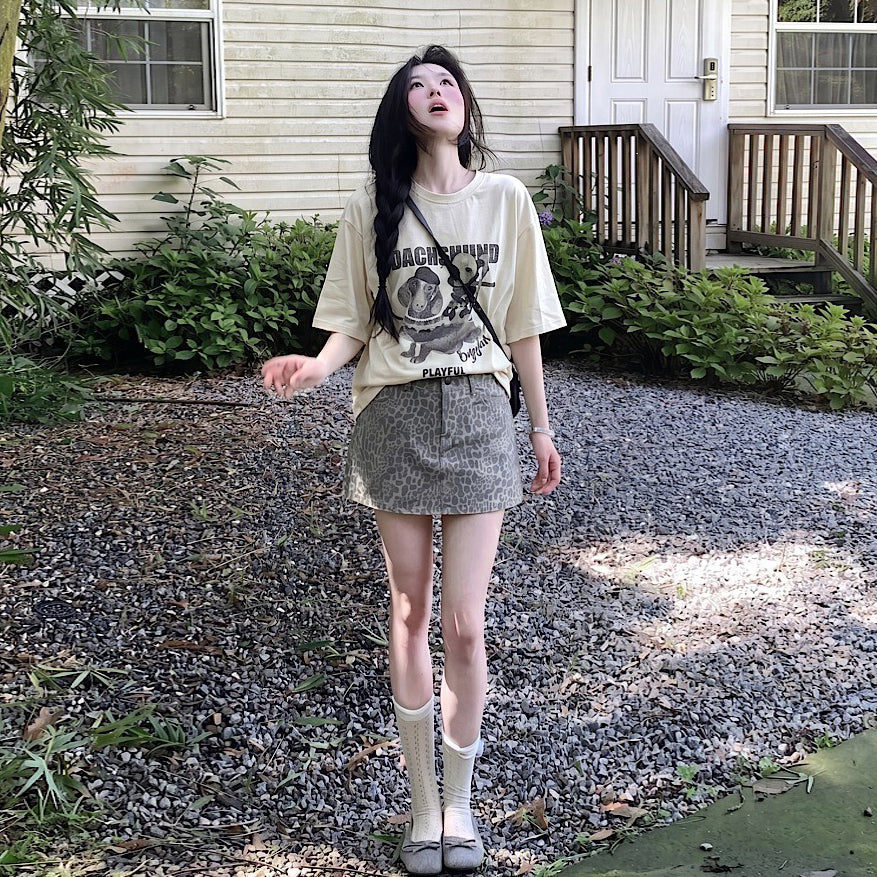 【トップス】Tシャツ レディース ドッグプリント 半袖 コットン100% オーバーサイズ カジュアル【JZシリーズ】