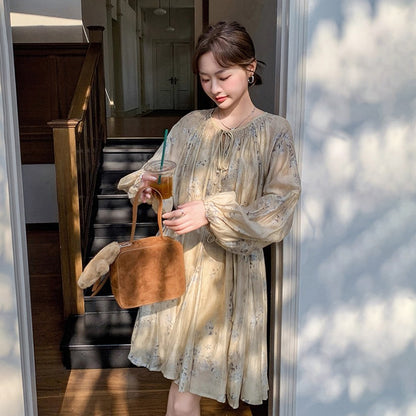 【ワンピース】ぼかし花柄ウエストマーク 長袖ワンピース レディース 春秋  リゾート風 フレンチ 【SHシリーズ】