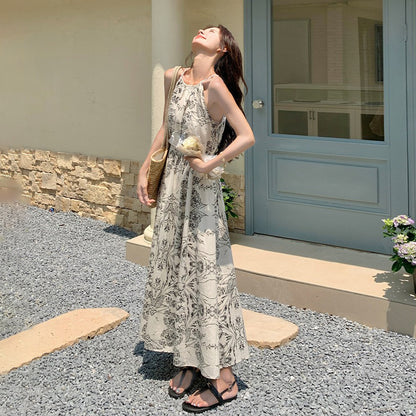 【ワンピース】フレンチ高級感 水墨画風プリント ホルターオフショル ノースリーブワンピース【SHシリーズ】