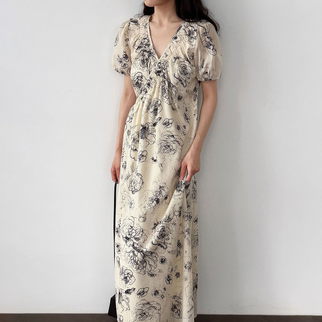 【ワンピース】フレンチ夏新作 上品クラシック水墨画風 花柄ラップ半袖ワンピース【SHシリーズ】【JZシリーズ】