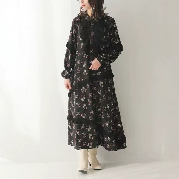 【ワンピース】フレンチ花柄ロングワンピース レディース 長袖 ギャザーデザイン ナチュラル フェミニン【SHシリーズ】