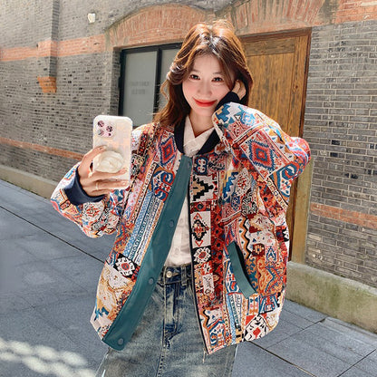 【アウター】超可愛い エスニック柄おしゃれスタジャン レディース 春秋 人気 韓国風ジャケット【SHシリーズ】