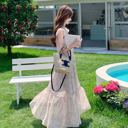 【ワンピース】フレンチ 小花柄 フリルスリーブ ワンピース レディース 夏新作 リゾート風 ロング丈 ノースリーブ【SHシリーズ】