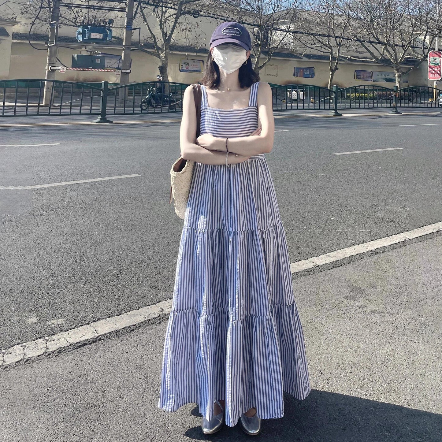 【ワンピース】ストライプ柄 ノースリーブ ワンピース 夏 フレンチ風 キャミソール ゆったり カジュアル ビーチ バカンス【SHシリーズ】