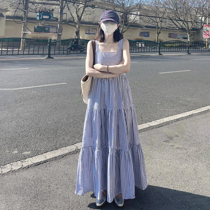 【ワンピース】ストライプ柄 ノースリーブ ワンピース 夏 フレンチ風 キャミソール ゆったり カジュアル ビーチ バカンス【SHシリーズ】