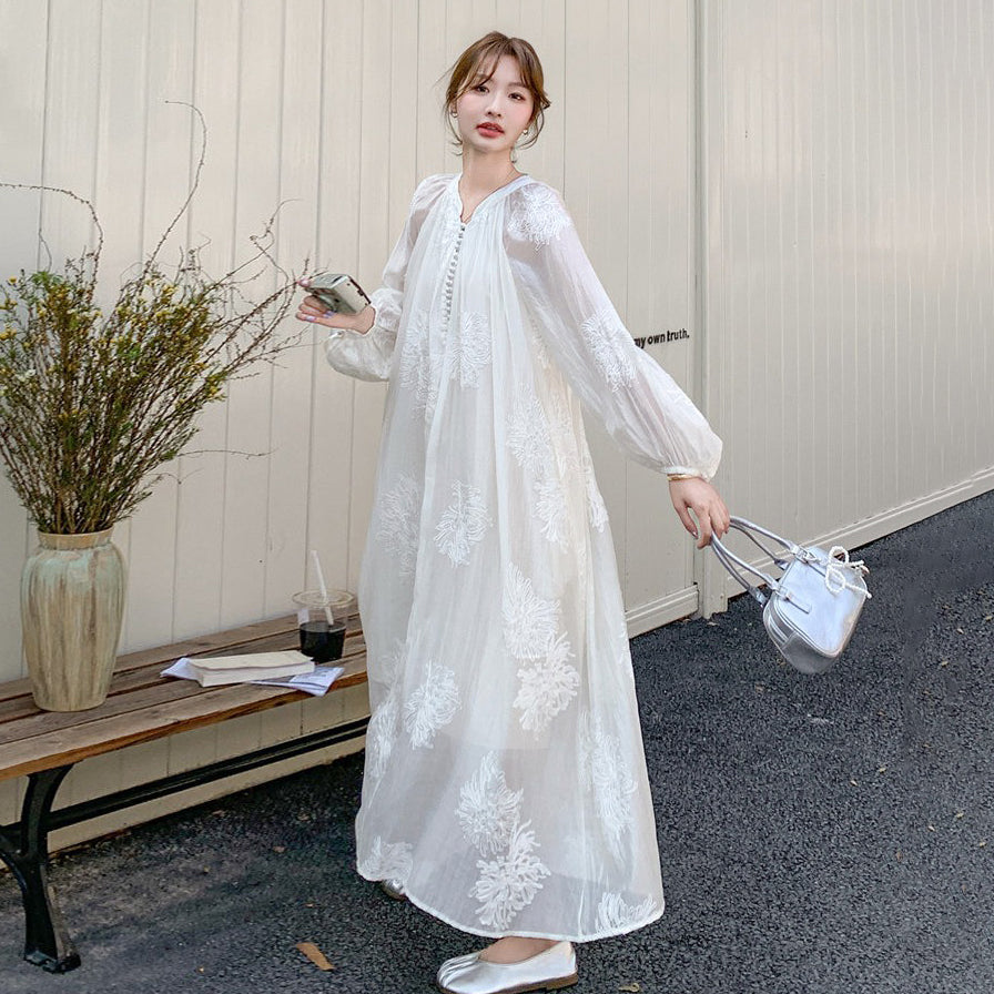 【ワンピース】ホワイト刺繍ワンピ レディース 高級感 レースディテール ロング丈 夏のリゾートドレス【JZシリーズ】