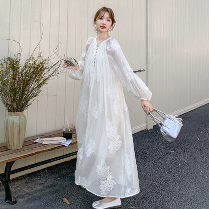 【ワンピース】ホワイト刺繍ワンピ レディース 高級感 レースディテール ロング丈 夏のリゾートドレス【JZシリーズ】