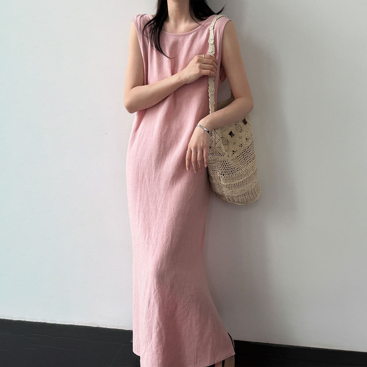 【ワンピース】リネン ワンピース レディース 夏 ノースリーブ バックシャン ドローストリング ロングワンピース ゆったり 体型カバー 人気【JZシリーズ】