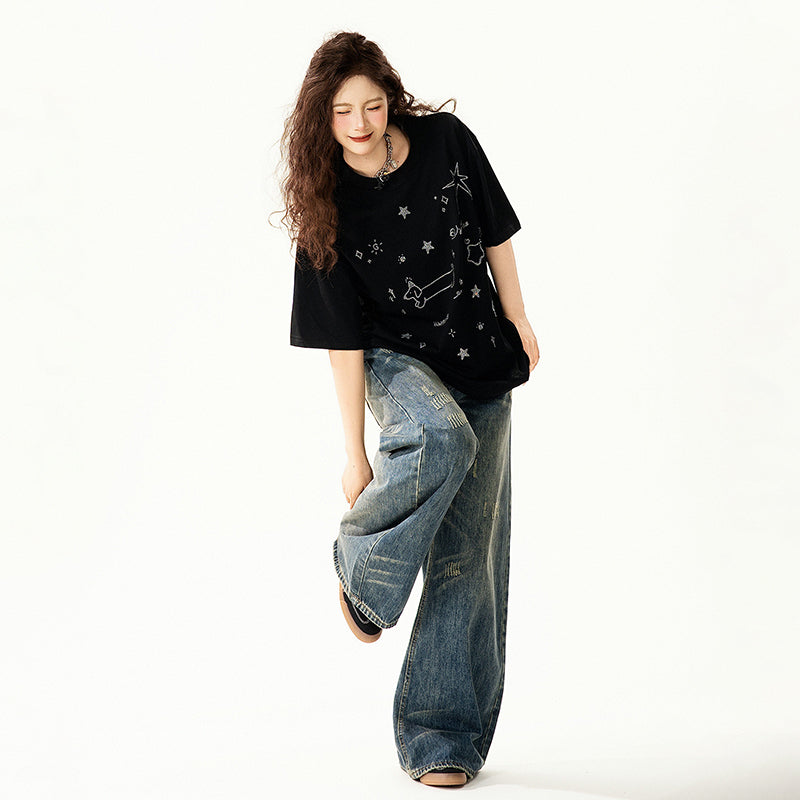 【トップス】グラフィティ Tシャツ レディース 夏 半袖 ラインストーン ゆったり オーバーサイズ 人気 カジュアル【FCシリーズ】