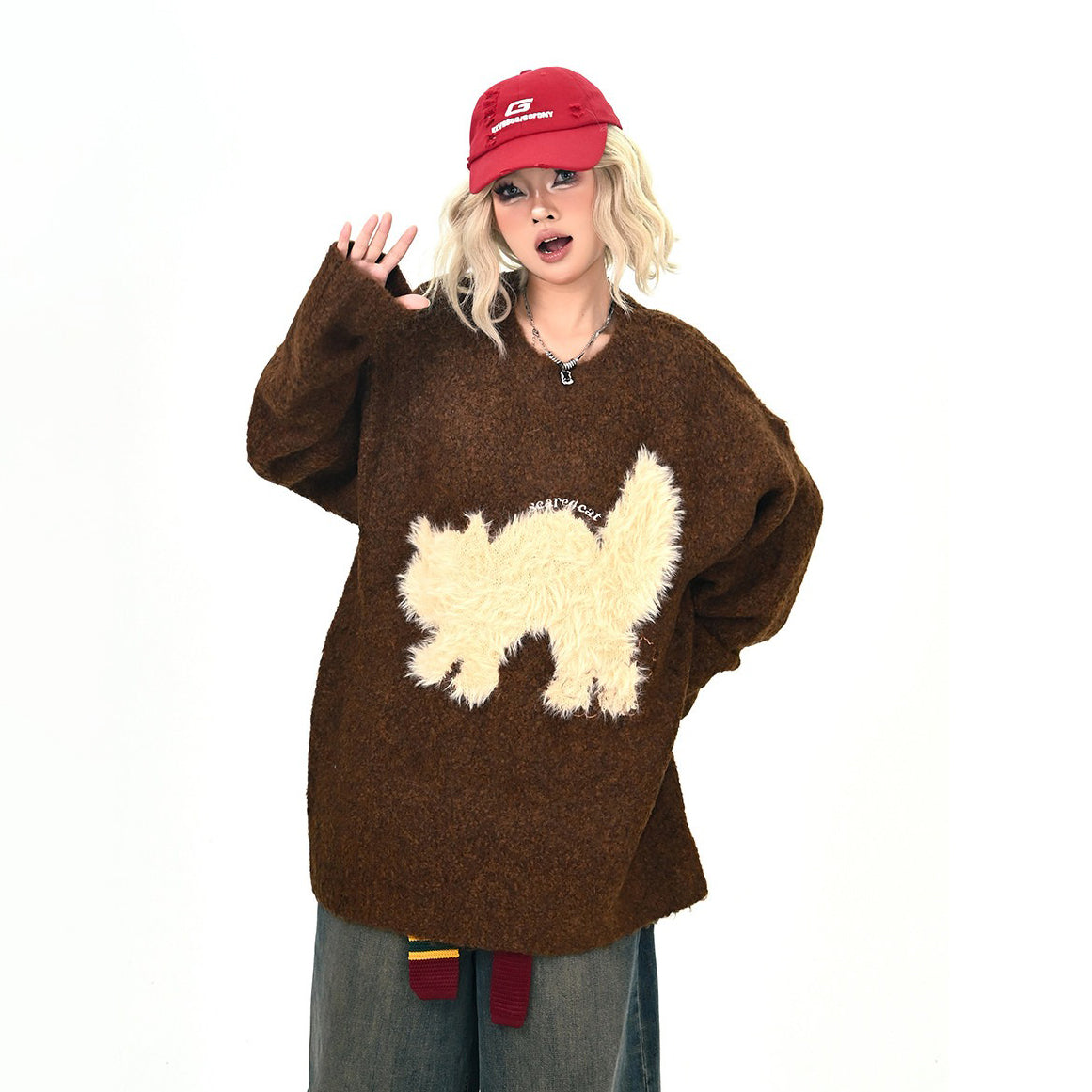 【トップス】もこもこ猫 クルーネックニット レディース ゆったりBF風 セーター【FCシリーズ】