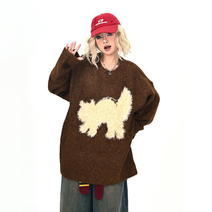 【トップス】もこもこ猫 クルーネックニット レディース ゆったりBF風 セーター【FCシリーズ】