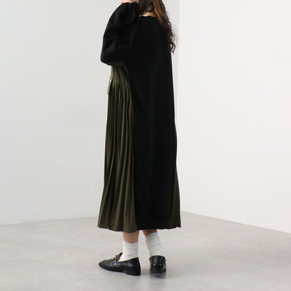 【24AW】【ワンピース】レトロ ラウンドネック 配色 ルーズ  切り替え 長袖ワンピース