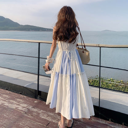 【ワンピース】配色 フリル ノースリーブワンピース レディース 夏 ロングワンピース ゆったり 体型カバー 人気 フレンチ風【SHシリーズ】